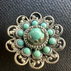 Vintage turquoise Blue stone and silver filigree flower lapel Brooch